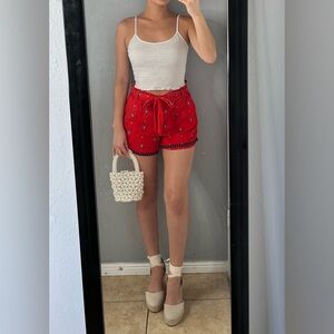 Red Linen blend Embroidered Paperbag Shorts – Size S Coastal Cowgirl Americana